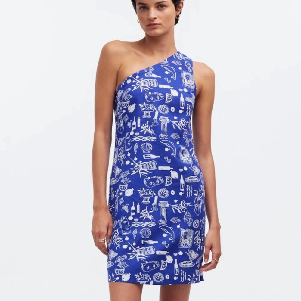 Madewell x Lisa Says Gah! One-Shoulder Mini Dress Navy Linen Womens 00 NWT
